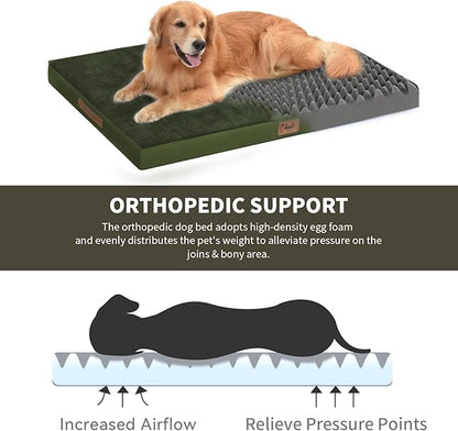 Orthopedic Dog Bed for Extra Large Dogs, XL Comfort Pet Mat for Large Sized Dog 44x32 Inch, Egg Crate Foam with Removable Washable Oxford Cover, Olive Green