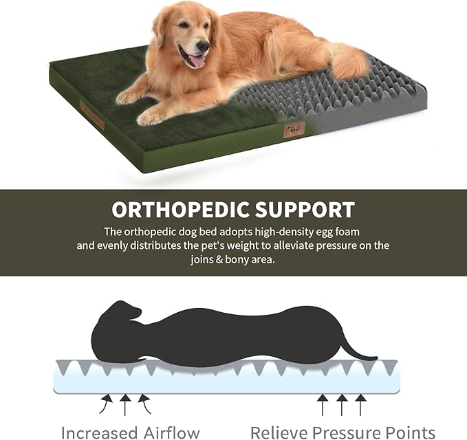 Plush Orthopedic Dog Bed for Medium Dogs & Puppies, Waterproof Dog Beds 29x18 Inch with Removable Washable Cover, Egg Crate Foam Flat Pet Mat, Olive Green