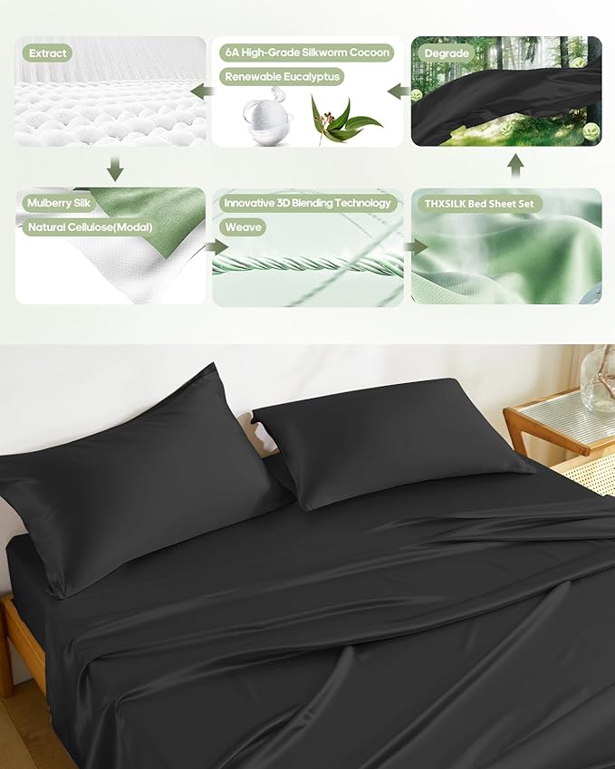 THXSILK Silk Sheet Set 4 Pcs, Queen Size Sheet Set, Breathable Soft Cooling Bed Sheets with 1 Flat Sheet, 1 Fitted Sheet, 2 Pillowcases with Zipper Closure, Black