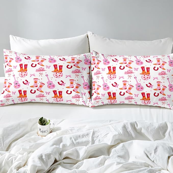 Erosebridal Cowgirl Western Bedding Set, Pink Bowknot Comforter Set King Size for Kids Teens Girls Women Bedroom Decor, Boots Horseshoe Down Comforter, Dreamy Princess Quilt, Lightweight
