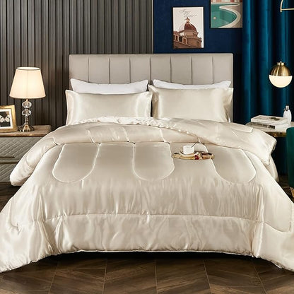 Bedding_Dreamer Satin Comforter King Silky Comforter Set Alternative Down Comforter Silk Like Beige Comforter for Women Luxury Hotel Silky Cream 1 Comforter 2 Pillowcase (King, Beige)