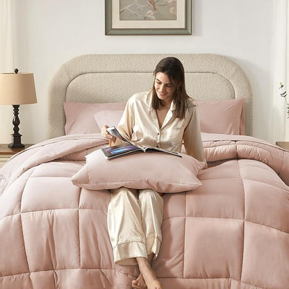 SunStyle Home Pink Full Size Comforter Sets - 7 Pieces Bed in a Bag, Lightweight Goose Down Alternative Bedding Sets with All Season Comforter, 1 Flat Sheet, 1 Fitted Sheet, 4 Pillowcases