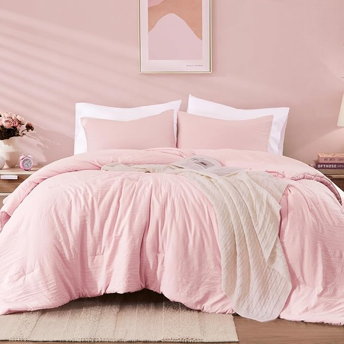 WRENSONGE Full Size Comforter Sets - 3 Pieces Soft Pink Comforter Prewashed Soft Lightweight for All Seasons, Fluffy Down Alternative Comforter Full Size with 2 Pillow Shams