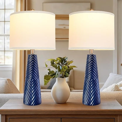 Terpsichore Nightstand Lamp Bedside Lamps Set of 2 Vintage Rustic Farmhouse Table Lamp 3 Way Dimmable Horizontal Stripe Light,for Living Room Bedroom,USB A+C (Blue, High 24 Inch)