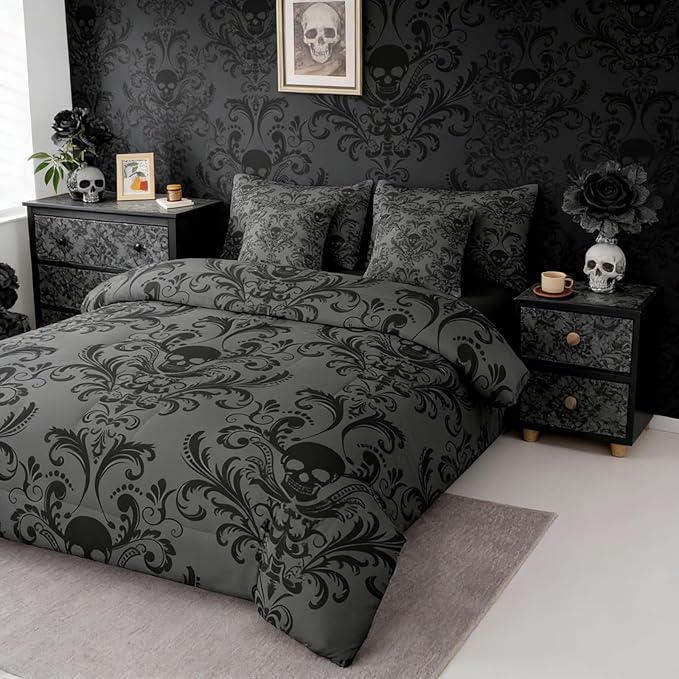 Erosebridal Gothic Damask Bed in a Bag Queen Comforter Set 7 Piece,Sugar Skull Bedding Sets Black Grey Victorian Floral Goth Sheet Set with Comforter