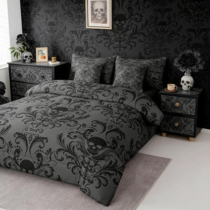 Erosebridal Gothic Damask Bed in a Bag Queen Comforter Set 7 Piece,Sugar Skull Bedding Sets Black Grey Victorian Floral Goth Sheet Set with Comforter