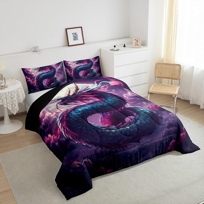 Mystery Dragon Comforter Set for Kids Adults,Exotic Moon Vintage Dragon Chinese Style Bedding Comforter Sets Queen,3D Wildlife Watercolor Cloud Quilt Comforter with 2 Pillowcases