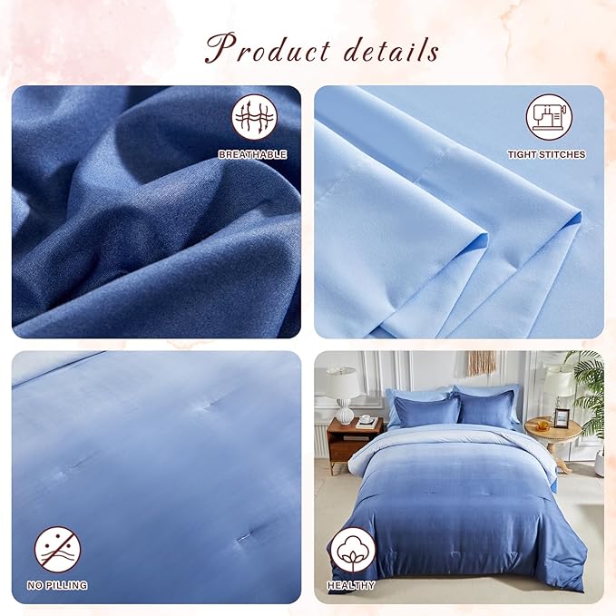 Navy and Light Blue Gradient Comforter Set Queen Size 7 Pieces Elegant Ombre Bed in a Bag - Reversible All Season Bedding Set with Comforter, Flat Sheet, Fitted Sheet, 2 Pillowcases & 2 Pillow Shams
