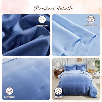 Navy and Light Blue Gradient Comforter Set Queen Size 7 Pieces Elegant Ombre Bed in a Bag - Reversible All Season Bedding Set with Comforter, Flat Sheet, Fitted Sheet, 2 Pillowcases & 2 Pillow Shams