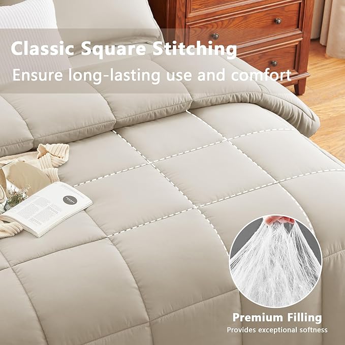 CozyLux King Size Comforter Set - Beige Comforter King Size, 3 Pieces Box Stitched Bed Set for All Seasons, Soft Lightweight Bedding Sets with 1 Down Alternative Comforter and 2 Pillow Shams