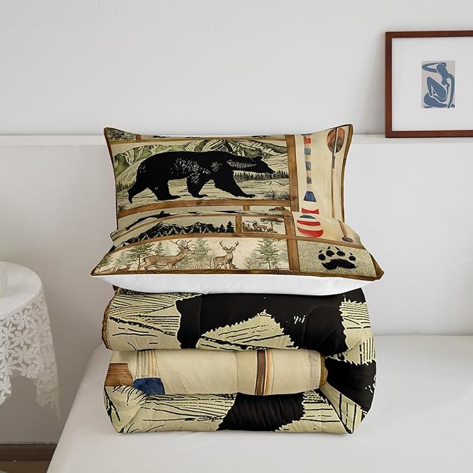 Farmhouse Hunting Bear Comforter Set Twin Size, Lake House Decor Bedding, Retro Woodland Lake Paddle Down Comforter, Deer Moose Wildlife Duvet Insert, Rustic Buffalo Grid Quilt Cabin Lodge Decor