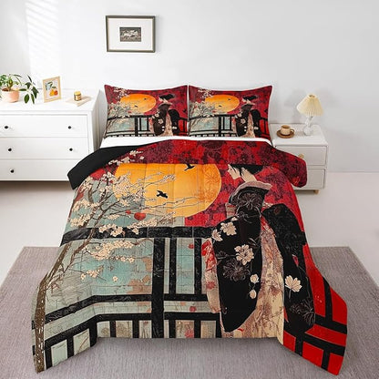 Erosebridal Japanese Style Comforter Set, Cherry Blossoms Down Comforter Full Size for Kids Girls Women Bedroom Decor, Sakura Flower Bedding Set, Japan Ukiyo-E Quilt, Red, Lightweight