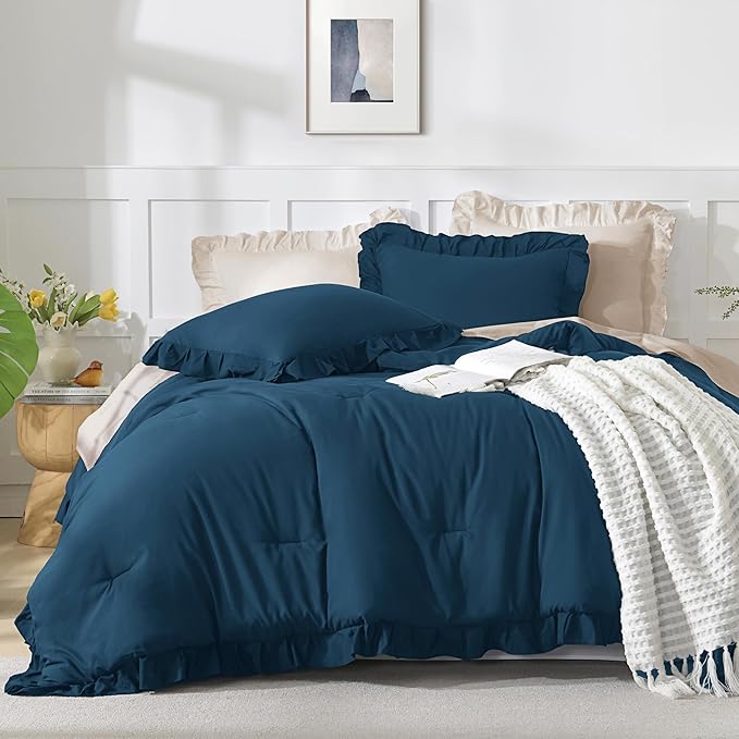 Andency Navy Blue Queen Comforter Set, 3 Pieces Boho Lightweight Solid Bedding Sets for Queen Bed, Fluffy Soft Double Women Men Microfiber Bedding Set