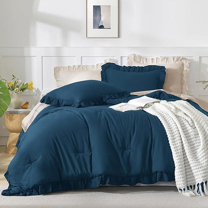 Andency Navy Blue Comforter Twin Size, 2 Pieces Kids Bed Comforter Set, Solid Ruffle Shabby Chic Farmhouse Comforter, Lightweight Soft Down Alternative Microfiber Bedding Set