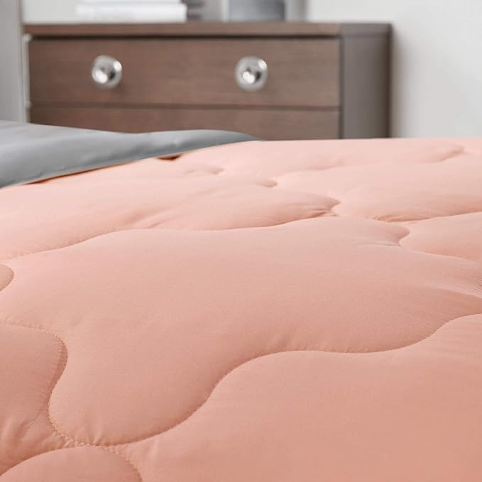 Comfort Spaces Vixie Reversible Comforter Set - Trendy Casual Geometric Quilted Cover, All Season Down Alternative Cozy Bedding, Matching Sham, Coral/Gray, Twin/Twin XL 2 piece