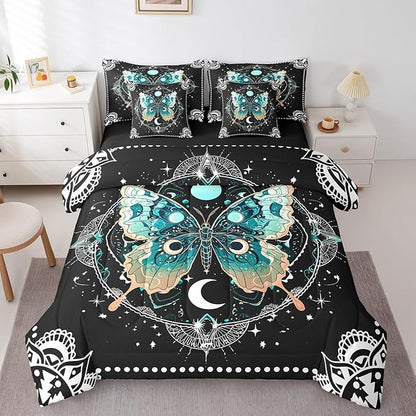 Feelyou Death Moth Bedding Set with Comforter, Skull Decor Comforter Queen Size 7Pcs Halloween Decorations Bed in a Bag with Comforter, Boho Moth Gothic Flat Sheet, Fitted Sheet, Pillowcases
