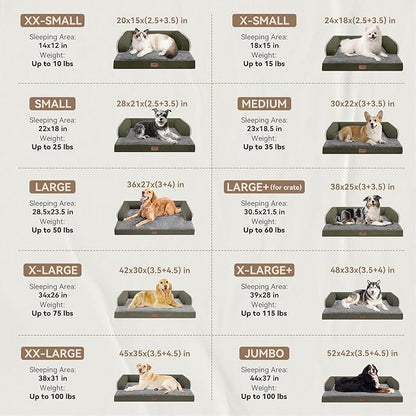 Large Dog Bed Orthopedic Washable - Beds Bolster Pet - XL Large Big Dogs - Memory Foam - Couch Sofa Bed- Waterproof with Removable Cover - Dark Green Dog Bed