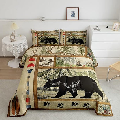 Rustic Farmhouse Comforter Set Full, Retro Hunting Bear Bedding Comforter Sets for Kids Boys, Lake House Decor Bedding for The Home, Cabin Lodge Paddle Decor Down Comforter, Moose Wildlife Duvet Set