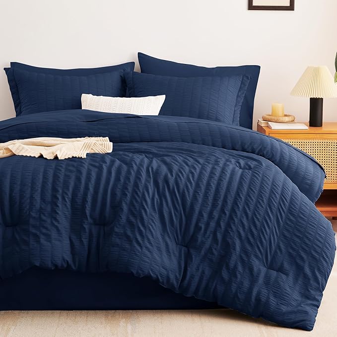 CozyLux Oversized King Comforter Set Navy Blue Seersucker 7 Pieces Bed in a Bag King Comforter Set with Sheets, Luxury Soft Bedding Set with Down Alternative Comforter, Sheets, Pillowcases & Shams