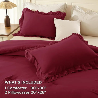 Andency Burgundy Comforter Set Queen Size, Lightweight Fluffy Farmhouse Ruffle Bedding Set, Soft Microfiber All Season Shabby Chic Bed Comforter Set 3 Pieces(1 Comforter 2 Pillowcases)
