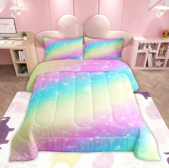 Feelyou Rainbow Comforter Set King, Tie Dye Pastel Bedding Set Stars Glitter Comforter for Kids Colorful Stripes Duvet Set with 2 Pillow Case