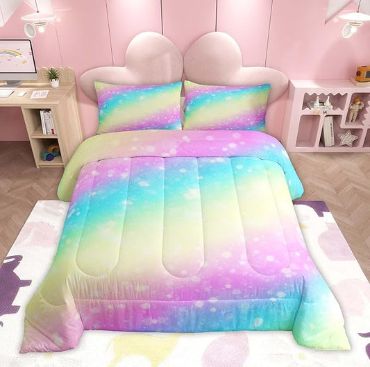Feelyou Rainbow Comforter Set King, Tie Dye Pastel Bedding Set Stars Glitter Comforter for Kids Colorful Stripes Duvet Set with 2 Pillow Case