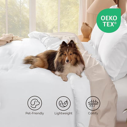 Andency White Oversized Queen Size Comforter Set, 3 Pieces Boho Solid Bedding Sets, Soft Lightweight All Season Bed Set for Men Women (98x98Inch Comforter & 2 Pillowcases)