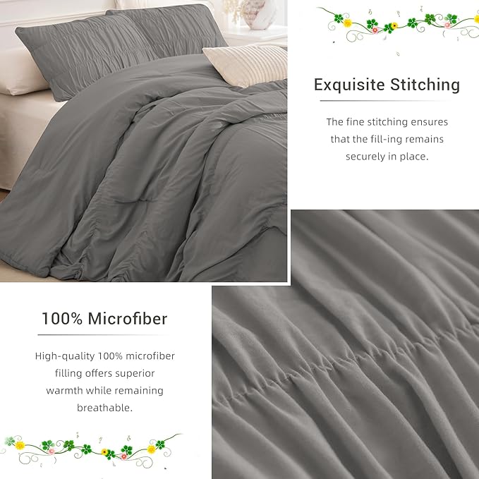 Lady Ann Gray Ruched Comforters Oversized King Size 120x120 Bedding Comforter Sets for Bedroom, 3 Piece Fluffy Boho Bedroom Set with Pillow Shams Soft All Season Bed Sets