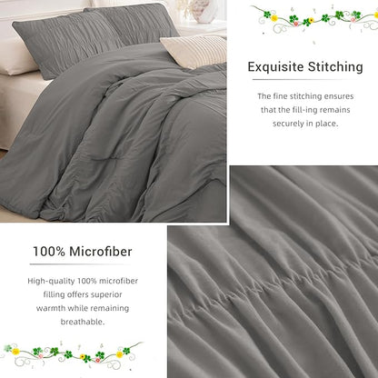 Lady Ann Gray Ruched Comforters Oversized King Size 120x120 Bedding Comforter Sets for Bedroom, 3 Piece Fluffy Boho Bedroom Set with Pillow Shams Soft All Season Bed Sets