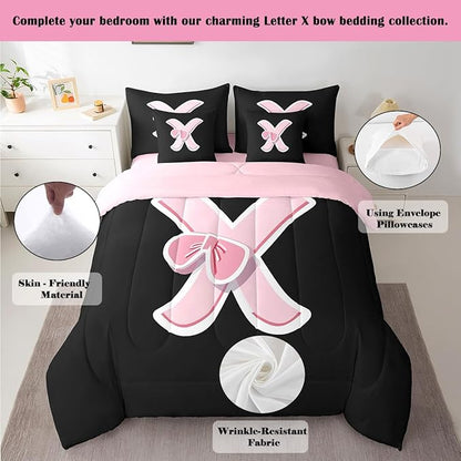 jejeloiu Kawaii Pink Bow Full Comforter Set with Sheets,Gifts for Women Teen Girl,Monogrammed 7 Piece Bedding Set,Soft Personalized Initial Letter X Bed in a Bag with Comforter,Sheets,Pillowcases