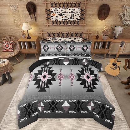 Erosebridal Pink Western Comforter Set Toddler Size, Southwestern Aztec Bedding Set for Boys Teens Men Bedroom, Exotic American Native Bedding Comforter Sets Vintage Bohemian Geometric Quilt, Grey