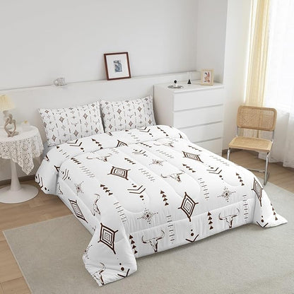 Feelyou Bull Skull Western Comforter Set Boho Ethnic Horns Bedding Set Full Size for Kids Adult Brown White Tribal Symbol Mysterious Aztec Comforter