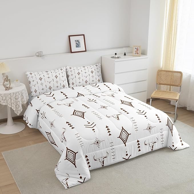 Feelyou Bull Skull Western Comforter Set Boho Ethnic Horns Bedding Set Queen Size for Kids Adult Brown White Tribal Symbol Mysterious Aztec Comforter