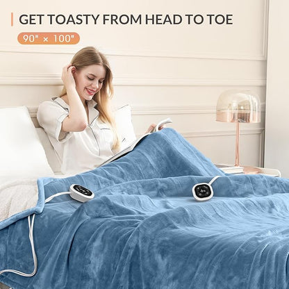 HOMLYNS LuxeHeat Heated Blanket Electric Blanket King Size, Soft Flannel Sherpa Heating Blanket with 10 Heat Settings, 1-10 hrs Timer Auto Shut Off (90x100 inches, Blue)