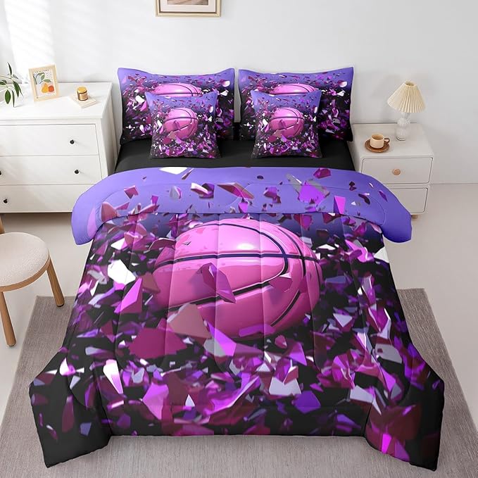 Feelyou Basketball Comforter Set King Size 7 Pcs Girls Boys Basketball Sports Comforter Bed in a Bag Sports Ball Game Bedding Set for Basketball Lover Bed Set with Sheets, Pillowcases, Pillow Covers