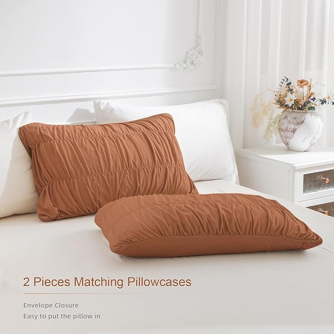Masaca 120x120 Oversized Comforter King Size,Ruched Pumpkin California King Bed Comforter Set Modern Style Shabby Boho Chic Rustic Farmhouse Microfiber Bedroom Bedding Set 3PCS