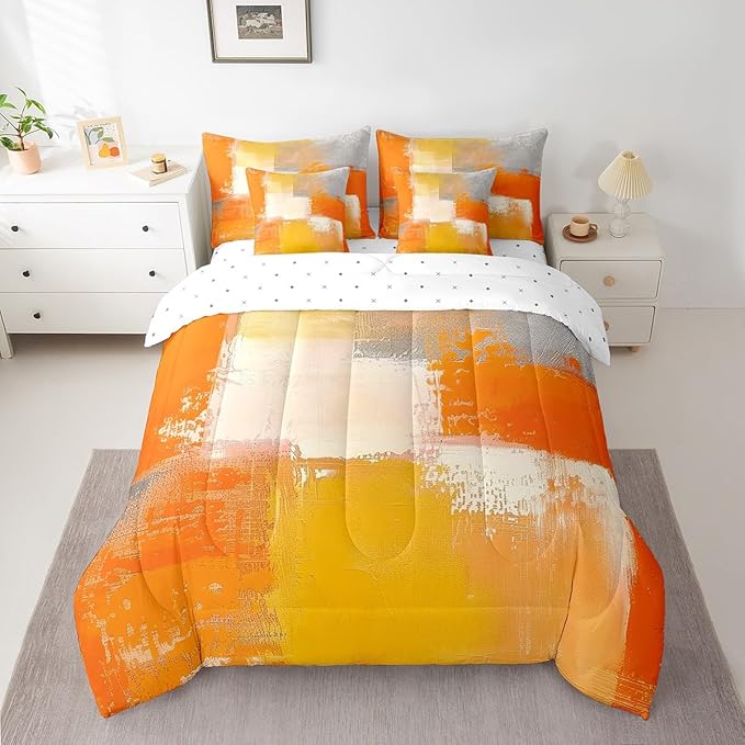 Erosebridal White Gray Orange King Comforter Set 7pcs Aesthetic Bed in a Bag, Watercolor Bedding Comforter Sets (1 Comforter + 1 Fitted Sheet + 1 Flag Sheet + 2 Pillowcase + 2 Throw Pillow Cover)