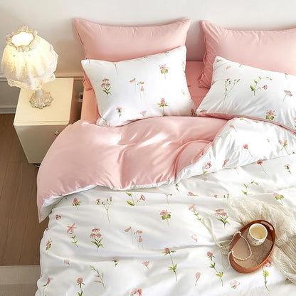 Wake In Cloud - Floral Comforter Set, Cottagecore Cute Aesthetic Watercolor Tiny Flowers and Leaves, Soft Lightweight Bedding for Women Teen Girls, 3 Pieces, Pink, Full Size