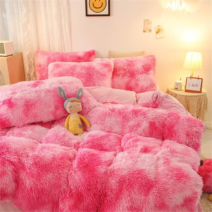chovy Faux Fur Tie-Dyed Pink White Red Colorful Comforter Sets Queen - 3PC Bed Set Ultra Soft Plush Flannel Velvet Fluffy Fuzzy Bedding（Comforter x 1 Pillowcases x 2）