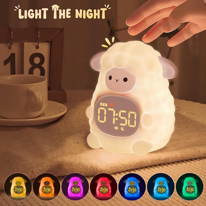 Sheep Alarm Clock with Night Light for Kids with Sleep Training and Sound Machine, Rechargeable Silicone Lamp OK to Wake Clock，Cute Animal Tabletop Lamp, Perfect Sleep Companion for Boys Girls, Pink