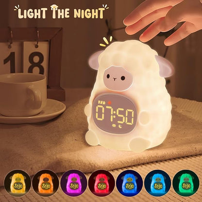Sheep Alarm Clock with Night Light for Kids with Sleep Training and Sound Machine, Rechargeable Silicone Lamp OK to Wake Clock，Cute Animal Tabletop Lamp, Perfect Sleep Companion for Boys Girls, Pink