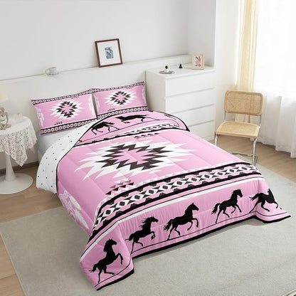 Feelyou Rustic Western Bedding Set King Size Kids Pink Southwestern Aztec Comforter for Boys Girls Teens Western Horse Animals Comforter Set Soft Microfiber Boho Geometric Room Decor