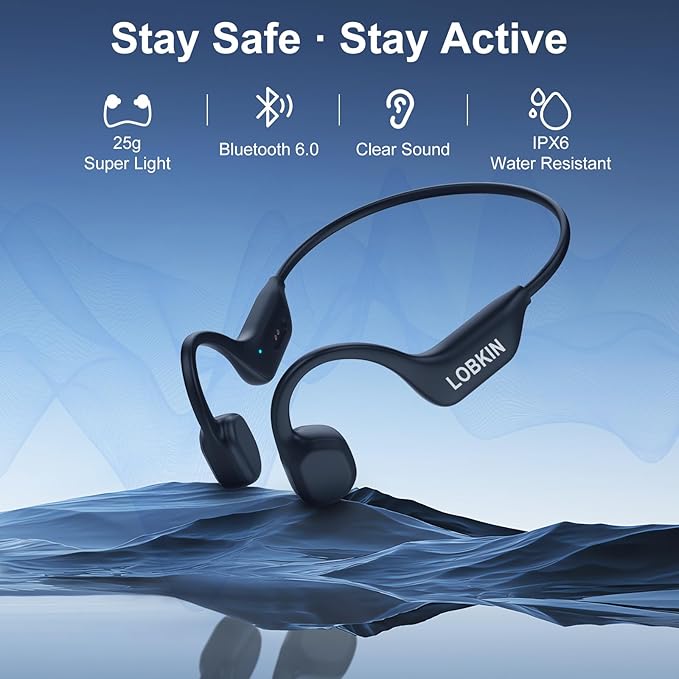 LOBKIN Bone Conduction Headphones - Open Ear Headphones Wireless Bluetooth 6.0 with Mic, 10H Playtime, IPX6, Sweat Resistant, Lightweight Sports Headphone for Running, Cycling, Gym, Outdoor, Black