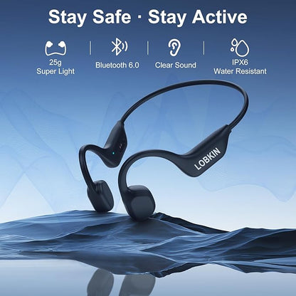 LOBKIN Bone Conduction Headphones - Open Ear Headphones Wireless Bluetooth 6.0 with Mic, 10H Playtime, IPX6, Sweat Resistant, Lightweight Sports Headphone for Running, Cycling, Gym, Outdoor, Black