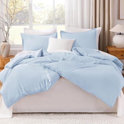 Litanika Comforters Light Blue King Size, 3 Pieces Lightweight Solid Bedding Comforter Set, All Season Fluffy Bed Set (104x90In Comforter & 2 Pillowcases)