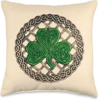 Green Shamrock, Celtic Knots With Beige Background Throw Pillow
