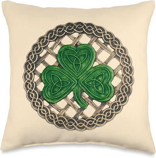 Green Shamrock, Celtic Knots With Beige Background Throw Pillow