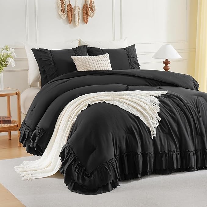 Herside Black Ruffle Comforter Set Queen Size,Shabby Chic Boho Bedding Sets, Soft Fluffy Comforters Sets for All Season,Vintage Ruffled 3 Pcs Microfiber Lightweight Quilt Set for Women Girls