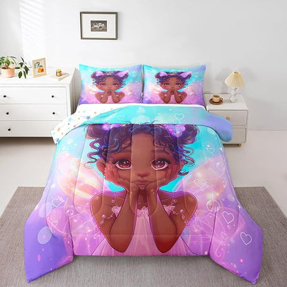 Manfei Cute Black Princess Comforter Set King Size, Little Girl with Wings Bedding Set American Stlye, Kids Room Decor, Blue Purple Galaxy Down Comforter, Reversible Quilt Set,2 Pillowcases