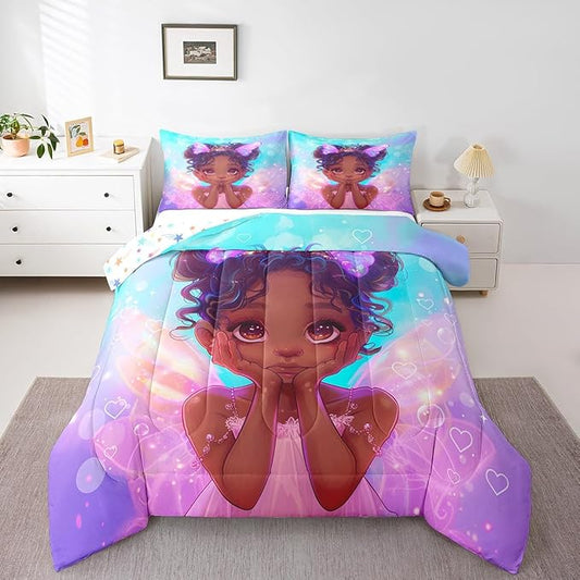 Manfei Cute Black Princess Comforter Set King Size, Little Girl with Wings Bedding Set American Stlye, Kids Room Decor, Blue Purple Galaxy Down Comforter, Reversible Quilt Set,2 Pillowcases
